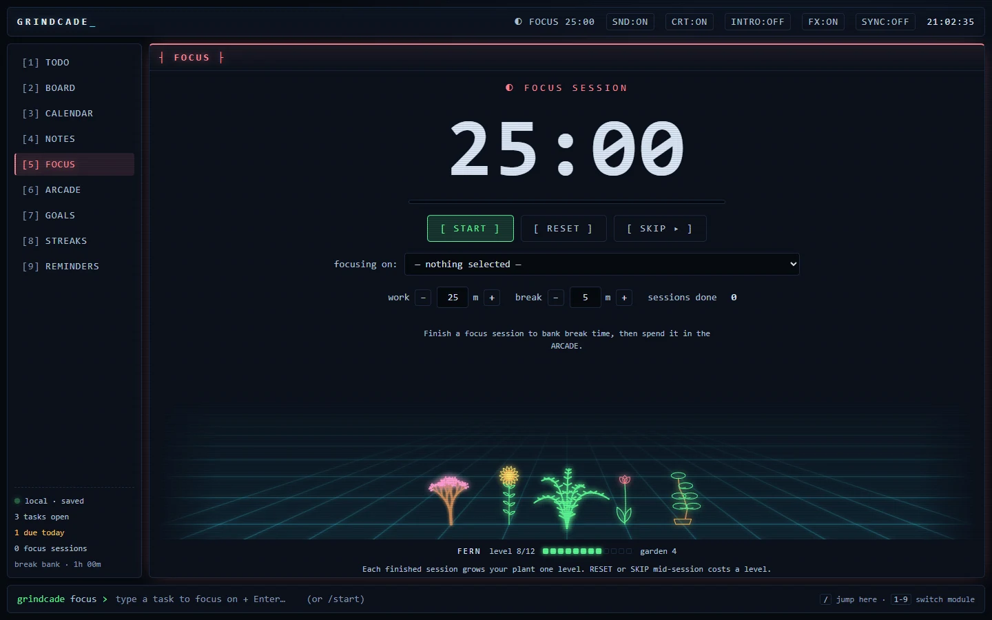 Grindcade's FOCUS screen: a 25 minute timer above a neon grid where a garden of plants grows